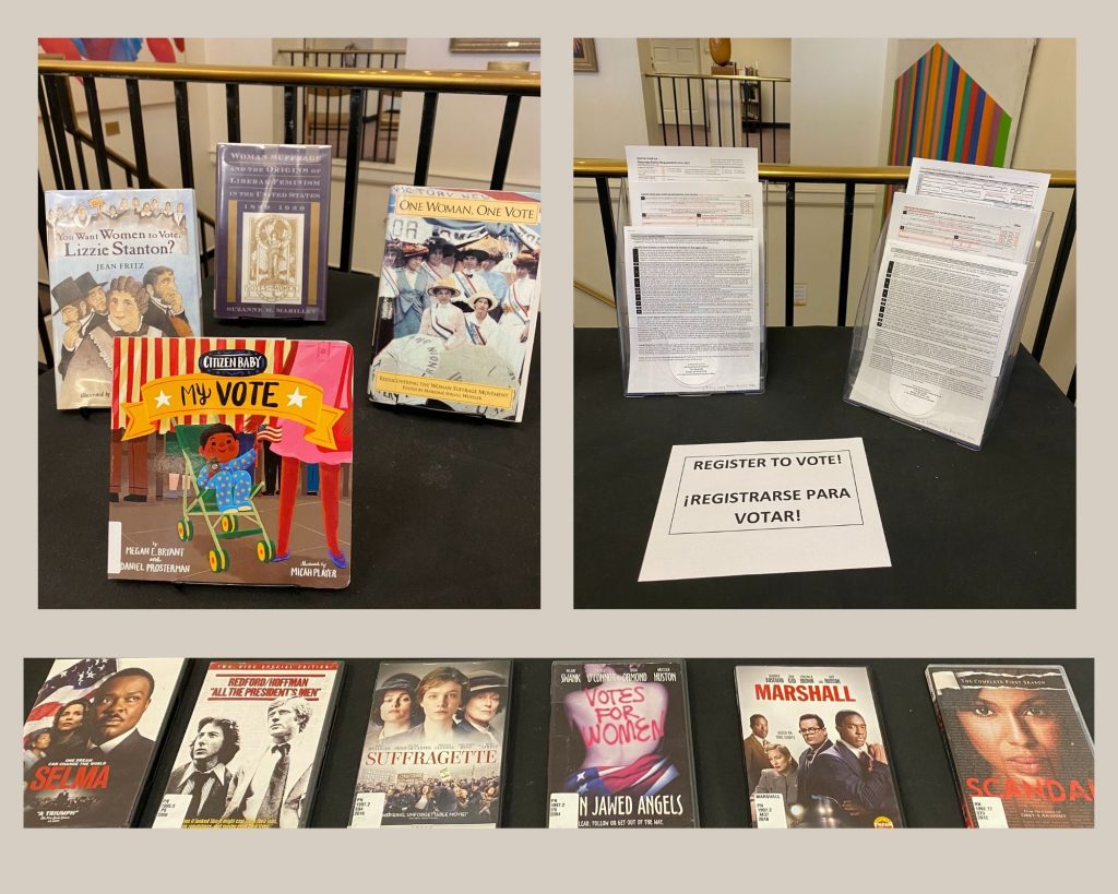books, films, and voter registration forms on display